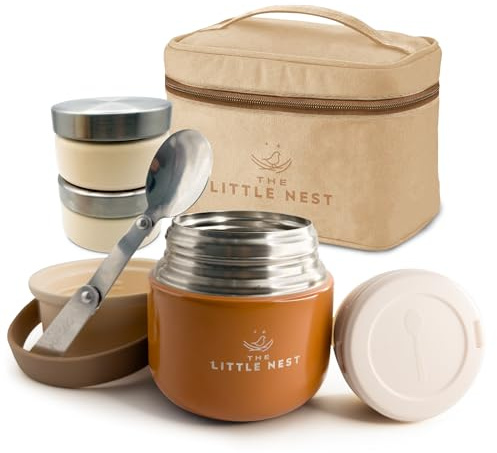 THE LITTLE NEST -Set Termo Comida Bebé 300ml de Acero Inoxidable, 2 Contenedores y Estuche Térmico, Cierre Hermético, Aislamiento de Doble Pared, Mantiene Caliente y Frío, Sin BPA (Earth Brown)