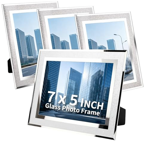 LQOZYYUL 4 Pack 7x5 Glass Photo Frame - Vertically or Horizontally Display | 5x7 Inch Silver Glass Picture Frames, Crystal Glitter Mirrored Photo Frames for Tabletop Display Home Décor