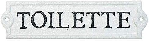 Sungmor Letrero de hierro fundido resistente para puerta de inodoro, placa blanca para decoración de pared, letrero decorativo para baño, hogar, oficina, tienda o restaurante, paquete de 1 unidad y