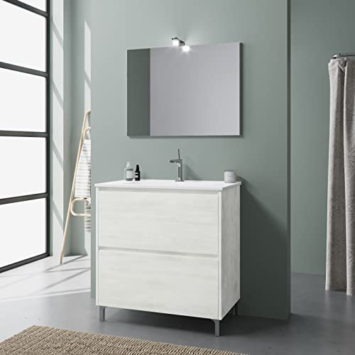 Kiamami Valentina - Mobile Bagno A Terra | 2 Cassetti Estrazione Totale | Lavabo Ceramica | Specchio Telaio | Piedini Cromati, Bianco, 80 cm, Legno, Design Moderno