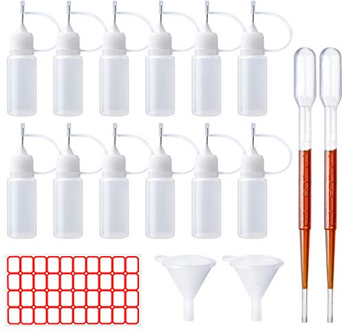 12 Pcs Precision Tip Applicator Bottles 10 ml Empty Needle Tip Glue Bottle Applicator DIY Quilling Tool Precision Bottle with 2 Mini Funnel 2 Pipettes for DIY Quilling Craft, Liquid Glue Oil Ink Paint