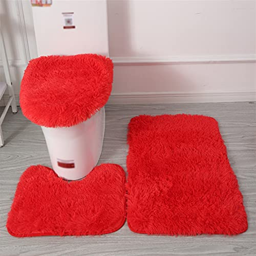 Lifup Badteppich Set 3 Teiliges, rutschfeste Shaggy Badematte, Flauschig Contour Badteppich, Langflor Toilettensitzbezug Rot
