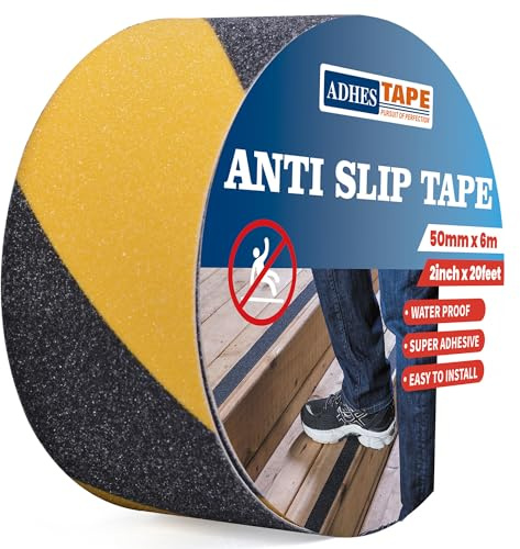 ADHES Nastro Antiscivolo Elevato Grip, Nastro Di Sicurezza Antiscivolo, Autoadesivo Nastro Da Segnalazione Giallo E Nero Per Interno Ed Esterno Gradini, Nastro Di Avvertenza Di Pericolo, 50mm X 6m