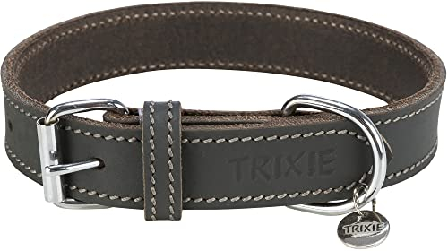 TRIXIE Rustic Halsband Leder Größe L: Halsumfang 48–56 cm/30 mm in grau - genähtes Lederhalsband für große Hunde, in klassischem Design, schonendes Anleinen, 19050