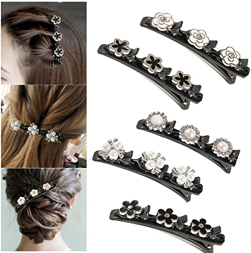 5 Stück Haarspange Mit 3 Clips Kolibri Mit Kristallblume - Geflochtene Doppelschicht Haarklammer für Damen, Frauen, Mädchen - Modische Entenschnabel Haarspange