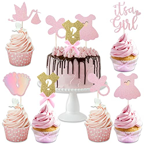 26 Stück Baby Girl Cupcake Toppers, It's a Girl Cake Topper, Geburtstag Baby Shower Party Deko, Glitter Jumpsuit Dekorationen, Rosa Gender Reveal Topper Deko