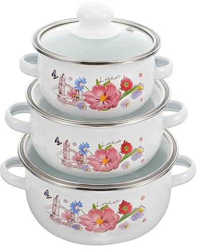BESTonZON 3pezzi Pentola Smaltata Vintage Per Zuppa Stufato e Casseruola Design Retro Pattern Casuale Riscaldamento