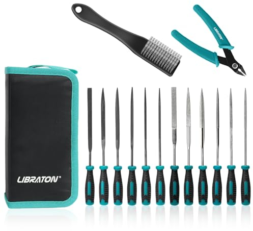 Libraton Nadelfeilen, Feilenset, Schlüsselfeilen 14tlg, 6 Diamantfeilen, 6 Kohlenstoffstahlfeilen mit Drahtschneider, Bürste, Werkzeugtasche, Werkstattfeile Satz für Metall, Juwelier und Kunststoff