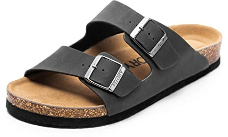 FITORY Mens Sandals, Arch Support Slides with Adjustable Buckle Straps and Cork Footbed for Summer Matte Black Size 6.5
