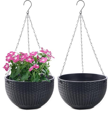 WOWEI Lot de 2 Pots de Fleurs Suspendus avec Nchaînes en Acier Inoxydable Pot Suspendu Plante avec Réservoir d'eau et Trou de Drainage Intérieur Exterieur Balcon et Jardiniere Suspendue (Noir, L)
