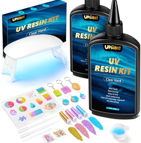 UPDOKIT Resina UV con lámpara UV, 240 g Resina UV Duro Transparente de Fabricación de Joyas, Pendientes, Collares, Pulseras, Colgantes de Arte, Manualidades DIY