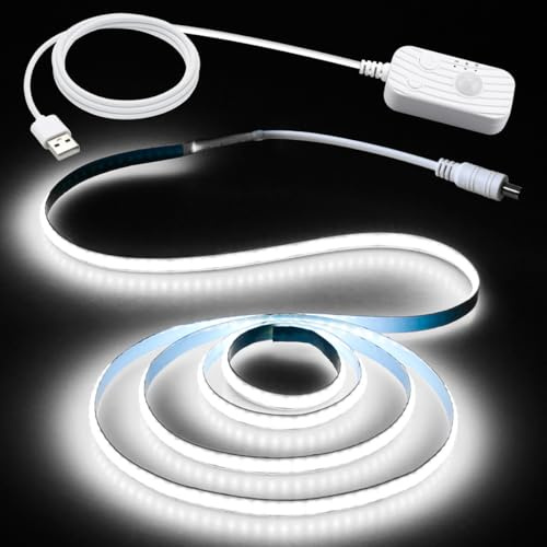 Aclorol Tira de luz LED COB USB con sensor de movimiento, 1 m, blanco frío, 5 V, regulable, cinta flexible con modo día/noche/siempre encendido, tira de luz súper brillante para armarios de