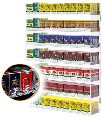 WUIIEN Cigarette Shelf，Store Cigarette Showcases Display Rack, Auto Cigarette Pusher Cigarette Display Holder, Multi Layer Cigarette Push Shelf, Wall Mounted Cigarette Rack Smoking Cabinet(6Tier-87
