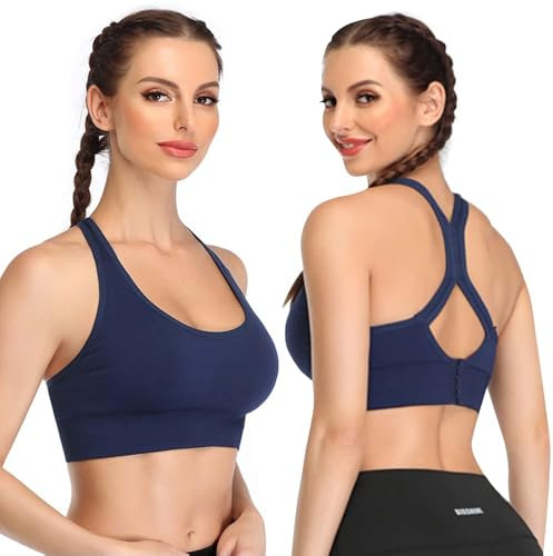 TTPSRY Sujetador Deportivo para Mujer sin Costuras Sostén Stretch Crop Top Push Up Yoga Bra para Gimnasio Jogging Deportes Busto Ajustable Hebilla Trasera(Azul/L)