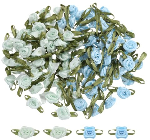 QUARKZMAN 100 stycken ljusblå/ljusgröna konstgjorda minirosetter blommor 12,7 x 1–3/16 minirosor rosetter rosor med blad dekorativa tygblommor, satinband för sömnad, förpackning, hantverk, bröllop