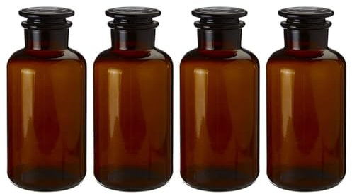 UNIQUE HOME LIVING Apothecary Jar Set of 4 Reagent Bottles, 125ml Amber Glass Storage Jars with Lid, Reusable Vintage Refillable Container for Herbs, Spices, Oils, Bath Salts, Lotion, Perfume