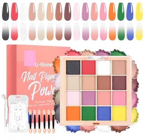 U-Shinein Set med nagelpulverpigmentpaletter, 16 färger ögonbréer, 100 svampar och grepppenna, fransk aura-nagelborste, nagelborste, nagelborste, gör-det-själv-tillbehör (set