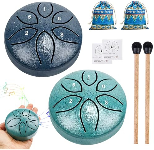 2 stycken mini stål-tongue trumma, mini tungtrumma, 3 tum 6 toner tungtrumma liten panna, handpan stål med pinnar, för konsert meditation yoga klanghelande vuxna