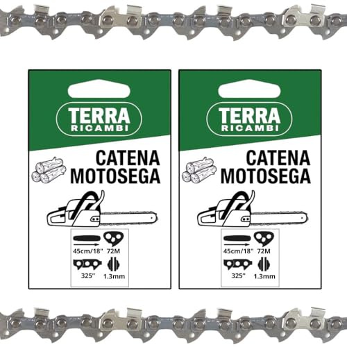 Set 2 Catene Motosega passo 325” spessore 1.3mm – 72 Maglie per Barra 45cm/18 – Basso Contraccolpo, Alta Durata – Qualità Tedesca Terra Ricambi – Per Uso Agricolo, Forestale e Fai da te.