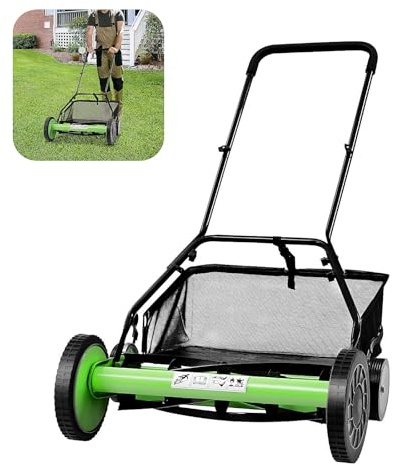 HUOMMGS Cortacésped manual, superficie de corte de 500 ㎡, ancho de corte de 60 cm, 9 marchas, altura de corte ajustable 3,4 – 6,4 cm, cortadora de husillo con bolsillo de recogida, cortadora de césped