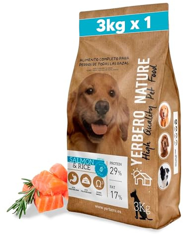 Yerbero Nature Salmon & Rice Pienso sin Gluten para Perros Adultos, Hipoalergénico, Alta Digestibilidad, Comida Natural con Omega 3, 29% Proteína, 3 kg (Salmón y arroz)