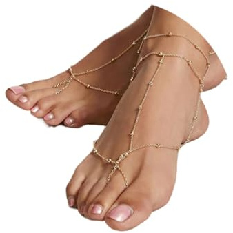 Aularso 2PCS Boho Beaded Foot Chain Layered Barefoot Sandals Summer Beach Ankle Chain for Women(Gold)