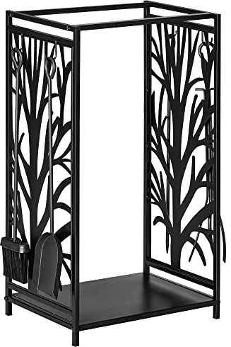 HOMCOM Kaminholzregal für innen Stahl 46 x 30 x 70cm Brennholzregal mit 4 Kaminwerkzeug Haken Kaminbesteck Set Kaminholzständer für Kamin Ofen Feuerholzregal Kaminholzhalter für Feuerholz, Schwarz