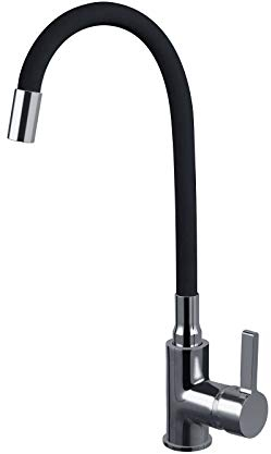 ZXC Niederdruck Küchen Armatur mit flexiblen und schwenkbaren Auslauf in Schwarz, moderner Einhandmischer Wasserhahn komplett verchromt