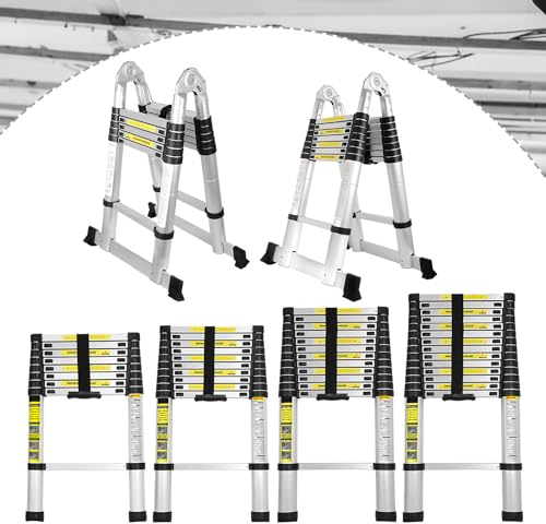 Lospitch Escalera telescópica de Aluminio, 3,8 m, Antideslizante, Plegable, fácil de Transportar, Carga máxima de 150 kg
