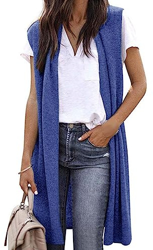 IQYU Chaleco sin mangas para mujer, largo y ligero, cárdigan de punto sin mangas, elegante, monocolor, chaqueta de entretiempo, chaqueta de entretiempo, largo frente abierto, chaleco de punto fino y