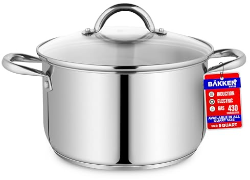 Stainless Steel Stockpot with Tempered Glass Lid 5 Quart, Durable 18/0 Stainless Steel, Impact-Bonded Base for Even Heating, Riveted Handles, Oven & All Stove Compatible, Safe Up To 500°F (260°C)