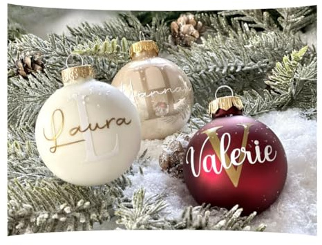 Personalisierte Weihnachtskugeln aus Glas (6 cm) – inkl. Name, Motiv & Anfangsbuchstabe – Farben & Schriftarten wählbar – Christbaumkugeln mit Herz, Hund, Katze, Baby, Tannenbaum