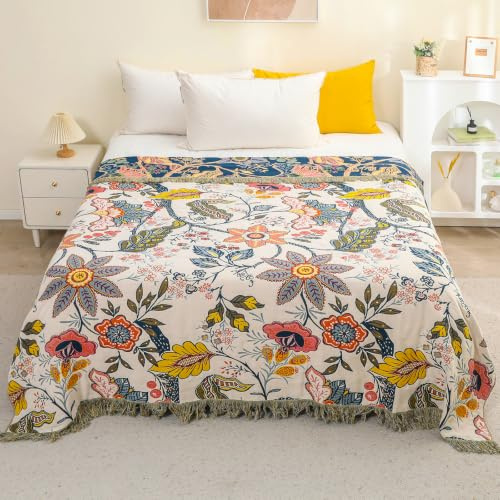 HOORDRY Double-sided Boho Cotton Muslin Throw Blanket | Multi-purpose Floral Quilt for Bed Sofa Couch Home Decor,Soft Lightweight Blanket for Adult, 150×200CM,Gift for Women