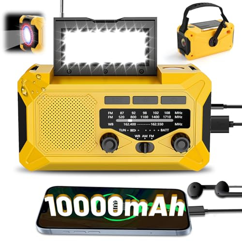 Emergency Hand Crank Radio with LED Flashlight, AM/FM NOAA Portable Weather Alert Radio, Solar Powered Radio with Phone Charger, USB Charged, Headphone Jack, SOS Alarm, Compass for Outdoors Yellow