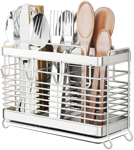 IWNTWY Utensil Holder, Stainless Steel Utensil Drying Rack with Drain Tray, Kitchen Counter Drainer Basket Silverware Cutlery Flatware Holder Forks, Knives, Spoons, Chopsticks Organizer (Silver)