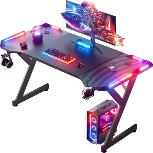 HLONONE Mesa Gaming LED 160 cm × 60 cm, Ergonómico Mesa Gamer con Tablero de Fibra de Carbono, Escritorio Gaming con Alfombrillas de ratón, Portavasos y Gancho para Auriculares, Negro