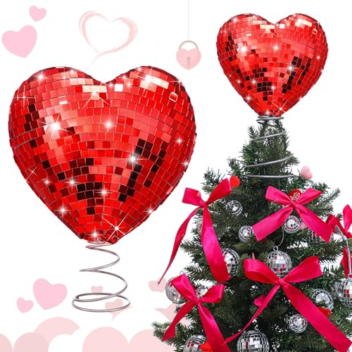 Gejoy Valentine's Day Tree Topper Disco Heart Sequin Ball Treetop Decoration Glitter Heart Ornament Flash Love Topper Decor 9.06'' x 6.69'' for Valentine's Day Party Supplies Gift(Red)