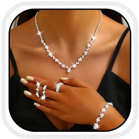 Reaky Wedding Jewelry Sets Silver Jewellery Necklace Rhinestone Bridal Wedding Jewellery for Women (Silver)