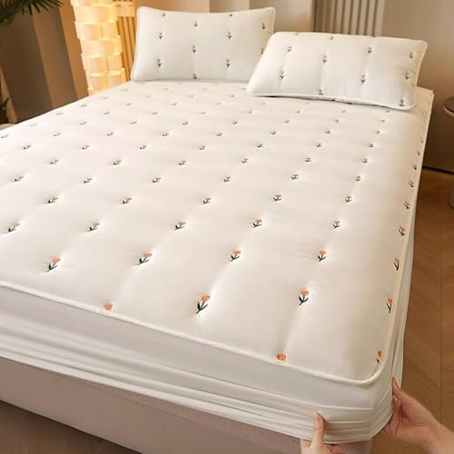 Lirzxin Spannbettlaken 180x200 cm, Boxspringbett Baumwolle Gestickte Blumen Muster Bettlaken Doppelbett Atmungsaktives und Weiches, Beige Weiß