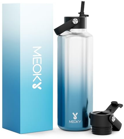 Men Water Bottle with Straw for Sports: 710ml Insulated Water Bottle - Keeps Cold for 24 Hours - BPA-Free Flip Straw for Camping Hiking - Outdoor Adveturers, Azure