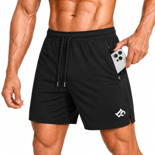 LORSPORTCH Pantalones Cortos de Gimnasio para Hombre - Negros, XL - Pantalones Cortos para Correr y Deporte con Bolsillos y Cremallera