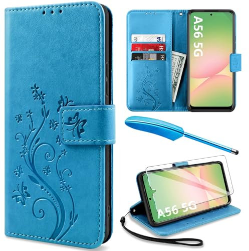 YIRSUR Handyhülle für Samsung Galaxy A56 5G Hülle mit 1 Stück Hartglas Schutzfolie, Premium Leder Flip Case Schutzhülle Magnet Kartenfach Klappbar Lederhülle für Samsung Galaxy A56 5G - Blau