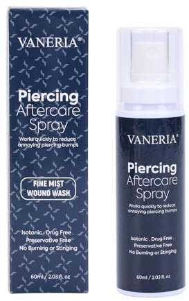 VANERIA Piercingspray Piercingcare, Spray Cuidado Post-Punción, Tatuajespray Para la perforación de orejas, nariz y otras partes del cuerpo 60ml