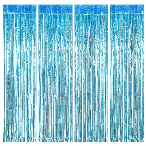 Fletorin 4 Piezas Cortinas Cumpleaños, Cortina Decoracion Azul, Cortina Metálicas Foil Fringe Decor, Fondo Decoracion Fiesta, Cortinas Metálica para Decoración Pared Boda Halloween Cumpleaños Fiestas