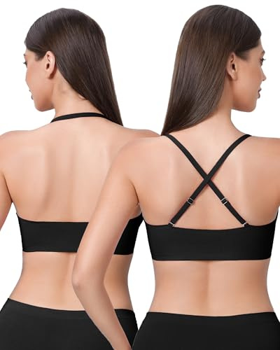 Channo Licra sin Aros Mujer Sujetador: Copa A y B sin Costuras Cuello en V Cómodo con 3 Configuraciones de Espalda- Abierta Cruzada y Clásica - Trabajo Uso Diario Eventos Yoga Citas Fiestas (Negro M)