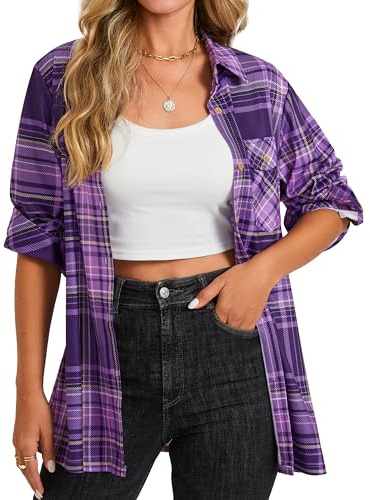 Enmain Women's Purple Checked Shirt Long Sleeve Casual Plaid Shirts for Ladies Button Down Fitted Check Shirt Traditional Oktoberfest Blouse XL