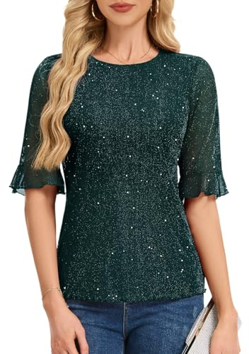 HomRain Womens Glitter Blouse Tops Fully Body Sequined Round Neck Lined Bell Sleeve Sequin Blouses T-Shirt for Party