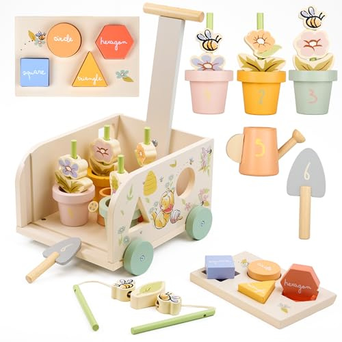 Disney Winnie the Pooh Wooden Garden Pull Along Toy for Kids, 18+ Months | Shape Sorting Trolley with Gardening Tools, Flower Pots & Threading Play – Educational Toy for Motor Skills & Active Play