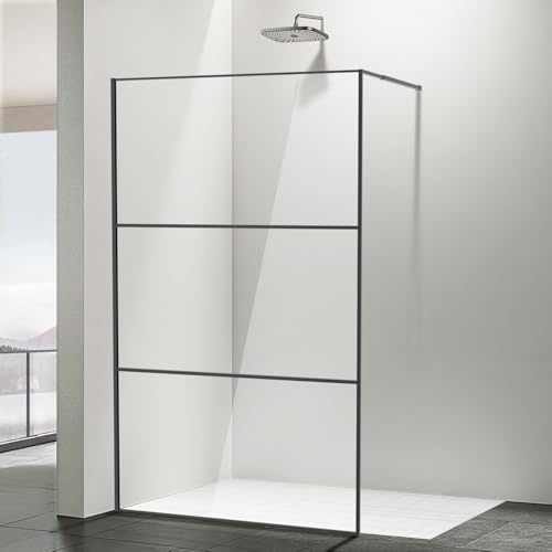 Monucep Walk-in Duschvägg 120 x 200 cm, svart, duschvägg av glas med 5 mm ESG-säkerhetsglas, tredelat ramdesign, aluminiumram, duschavskiljare för fristående dusch och duschkabin