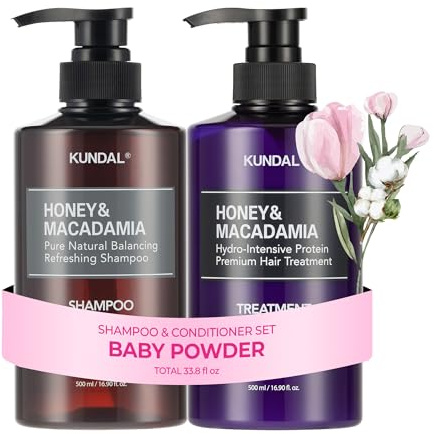KUNDAL Korean Shampoo and Conditioner Set [Baby Powder] Salon-quality, Long Lasting Scent, Moisturizing, Sulfate-Free, Argan & Macadamia Oil, Korean Hair care, 16.9 fl oz each